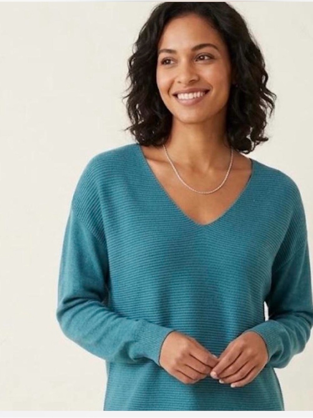 Ella Moss Teal Ribbed V-Neck Sweater Fall Comfort